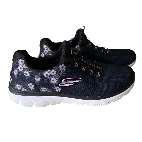 Women’s Skechers Black and Pink Floral Accent Slip On Sneakers - Picture 1 of 7